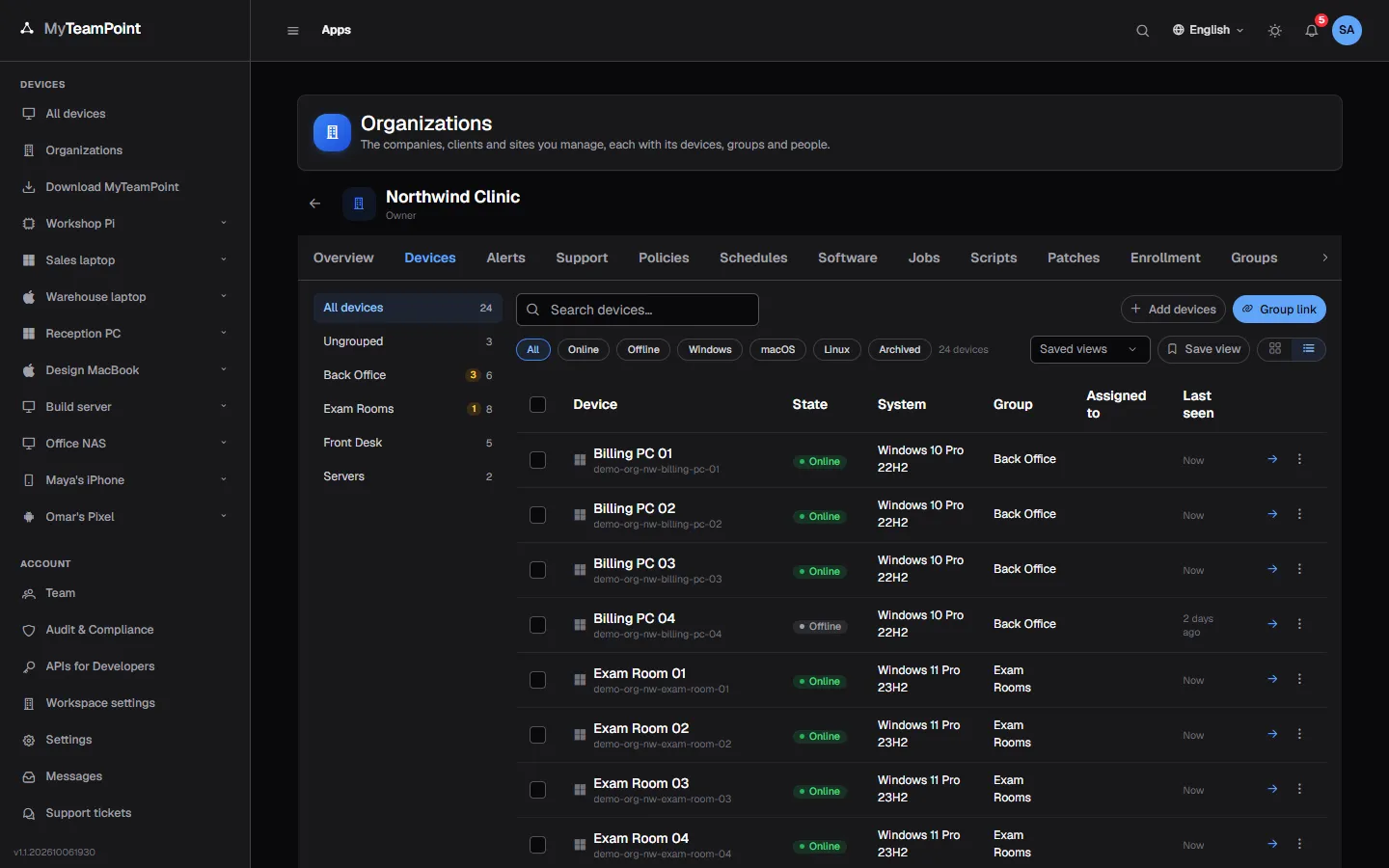 The device list in demo mode: sample organizations with their groups and devices.