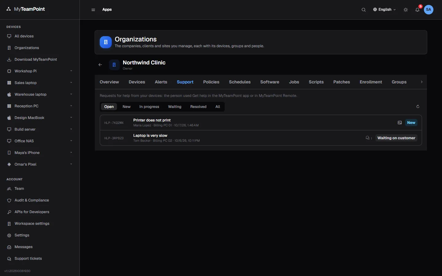 The help requests of a sample organization in demo mode.