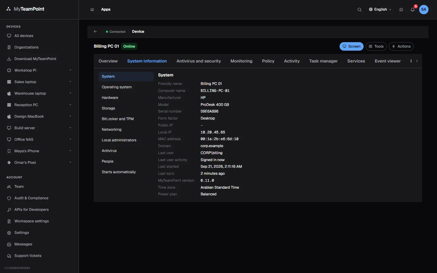 A sample device's system information in demo mode.
