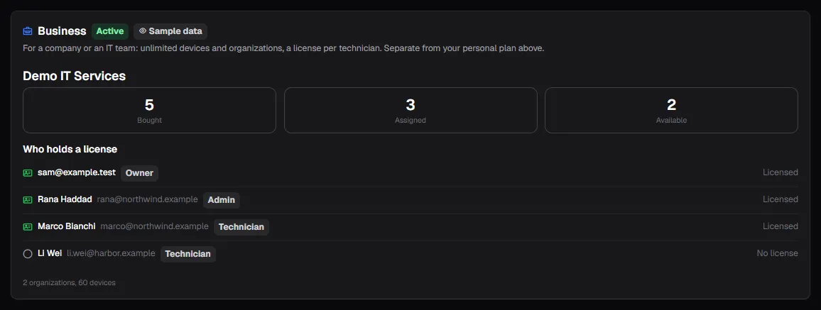 A sample business in demo mode: technician licenses bought, assigned and available.