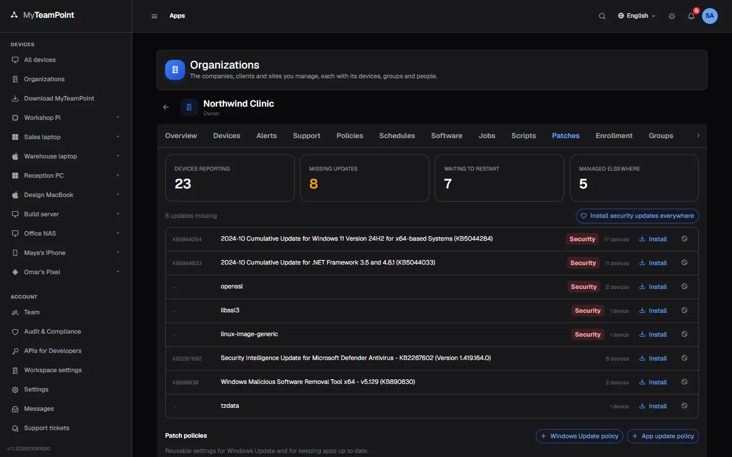 Missing updates across a sample organization in demo mode.