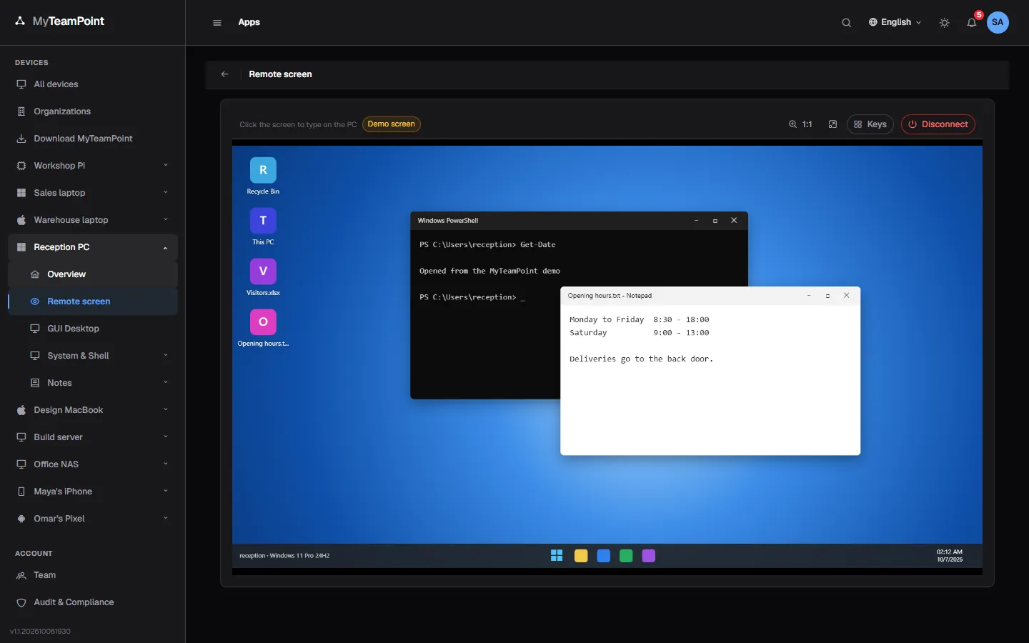 A sample Windows PC's screen opened in the browser in demo mode.