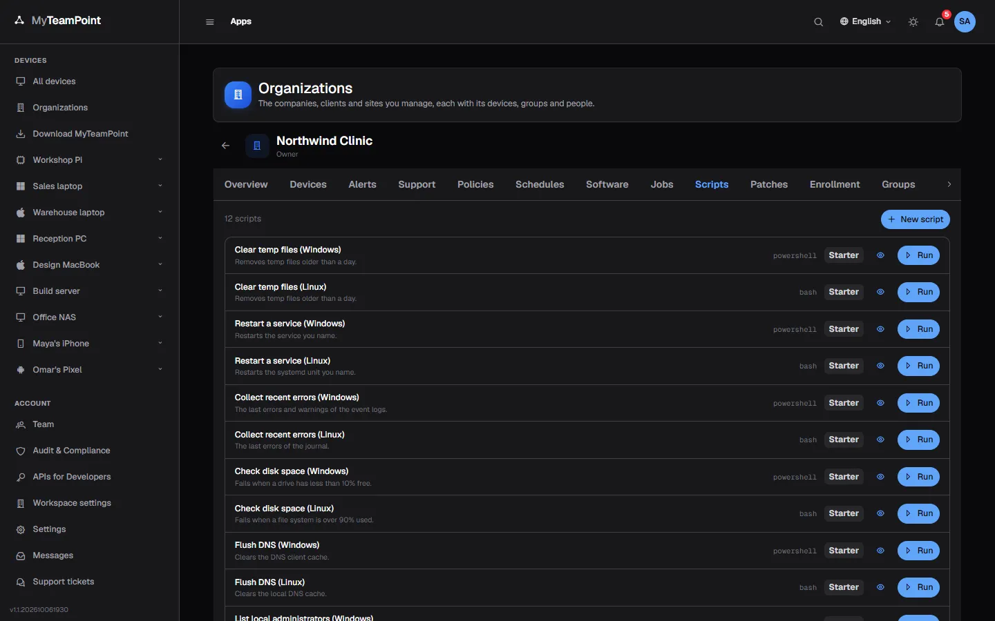 The script library of a sample organization in demo mode.